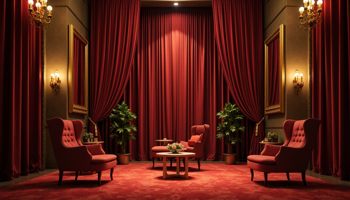 Prompt: Rich velvet curtains, ornate golden frames, luxurious red carpeting, dramatic spotlights, soft warm ambiance, intimate setting, elegant chandeliers, refined wooden accents, sophisticated neutral tones, lavish ornamental details, subtle gradient effects, cinematic atmosphere, 3/4 composition, shallow depth of field, realistic textures, ambient occlusion.