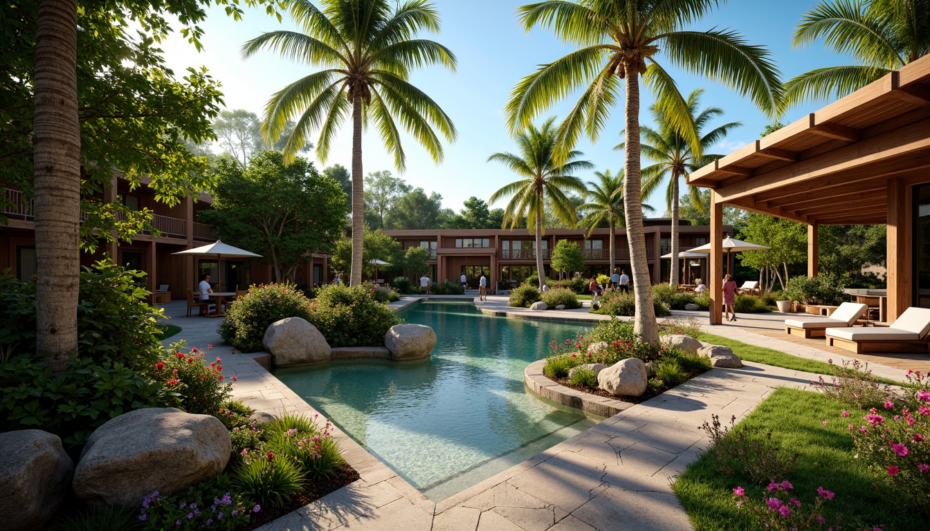 Prompt: Lush tropical gardens, exotic palm trees, vibrant hibiscus flowers, meandering stone pathways, wooden decks, outdoor seating areas, resort-style pools, water features, natural rock formations, tropical hardwood buildings, large overhanging roofs, open-air verandas, rattan furniture, colorful tiki torches, sunny day, warm soft lighting, shallow depth of field, 1/2 composition, realistic textures, ambient occlusion.