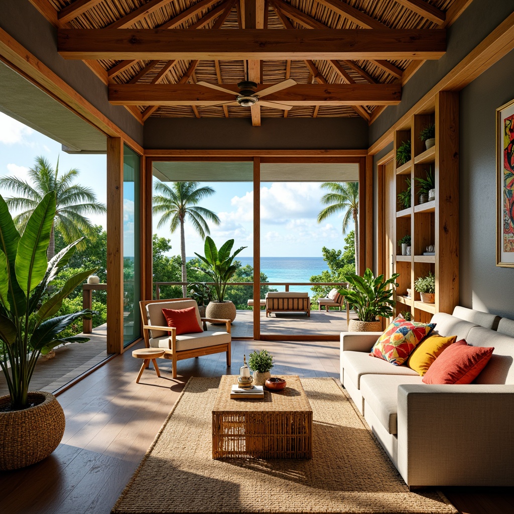 Prompt: Tropical home office, rattan furniture, natural wood textures, vibrant greenery, exotic plants, colorful throw pillows, woven wicker baskets, carved wooden decorations, eclectic artwork, modern ergonomic chairs, built-in shelving units, floor-to-ceiling windows, sliding glass doors, ocean views, sunny day, soft warm lighting, shallow depth of field, 3/4 composition, panoramic view, realistic textures, ambient occlusion.