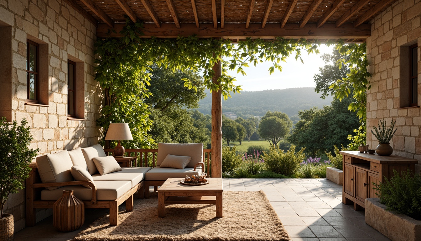 Prompt: Rustic villa, stone walls, natural textures, earthy tones, wooden accents, vintage windows, terracotta roof tiles, lush greenery, overgrown vines, wildflowers, countryside views, warm sunny day, soft diffused lighting, shallow depth of field, 1/1 composition, cozy atmosphere, distressed wood furniture, woven textiles, nature-inspired patterns.