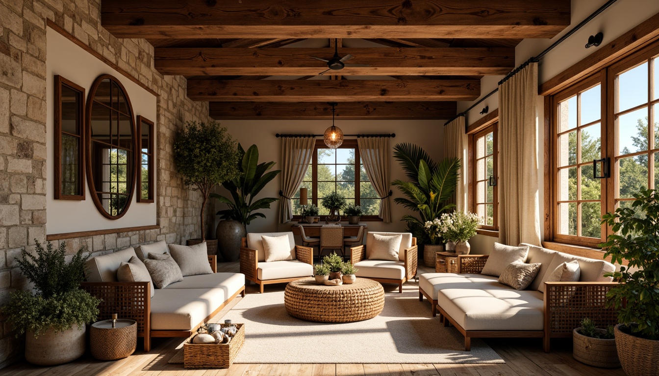 Prompt: Warm earthy tones, natural wood accents, exposed beams, rustic stone walls, cozy plush furnishings, soft warm lighting, vintage metal fixtures, rich leather textures, woven wicker furniture, lush greenery, blooming flowers, sunny day, gentle breezy atmosphere, 1/1 composition, intimate close-up shots, realistic wood grain details, ambient occlusion.Please let me know if this meets your requirements!