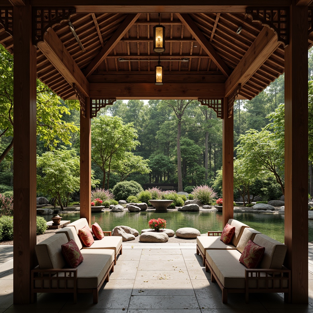 Prompt: Intricate wooden pavilion, traditional Asian-inspired architecture, serene natural surroundings, lush greenery, vibrant flowers, tranquil water features, delicate lanterns, ornate carvings, luxurious silk textiles, embroidered fabrics, rich wood tones, polished stone floors, subtle warm lighting, shallow depth of field, 1/1 composition, realistic textures, ambient occlusion, soft focus background.