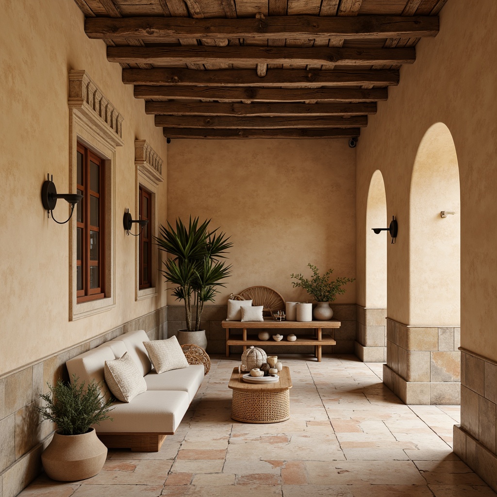 Prompt: Warm beige stucco walls, rustic stone accents, ornate tile work, distressed wood textures, soft archways, elegant columns, curved lines, earthy color palette, natural materials, woven textiles, vintage decor, warm ambient lighting, shallow depth of field, 1/1 composition, realistic renderings, Mediterranean-inspired patterns.