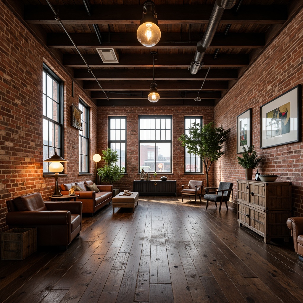 Prompt: Exposed brick walls, metal beams, reclaimed wood flooring, industrial-style lighting fixtures, vintage factory windows, distressed leather furniture, rustic wooden crates, Edison bulb lamps, minimal decor, urban loft atmosphere, soft warm lighting, shallow depth of field, 3/4 composition, realistic textures, ambient occlusion.