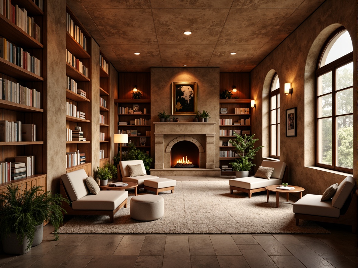 Prompt: Richly textured walls, warm earthy tones, cozy reading nooks, floor-to-ceiling bookshelves, soft warm lighting, plush carpets, comfortable seating areas, wooden accents, natural stone floors, minimalist decor, modern furniture, subtle color palette, calming atmosphere, peaceful ambiance, shallow depth of field, 1/1 composition, realistic textures, ambient occlusion.