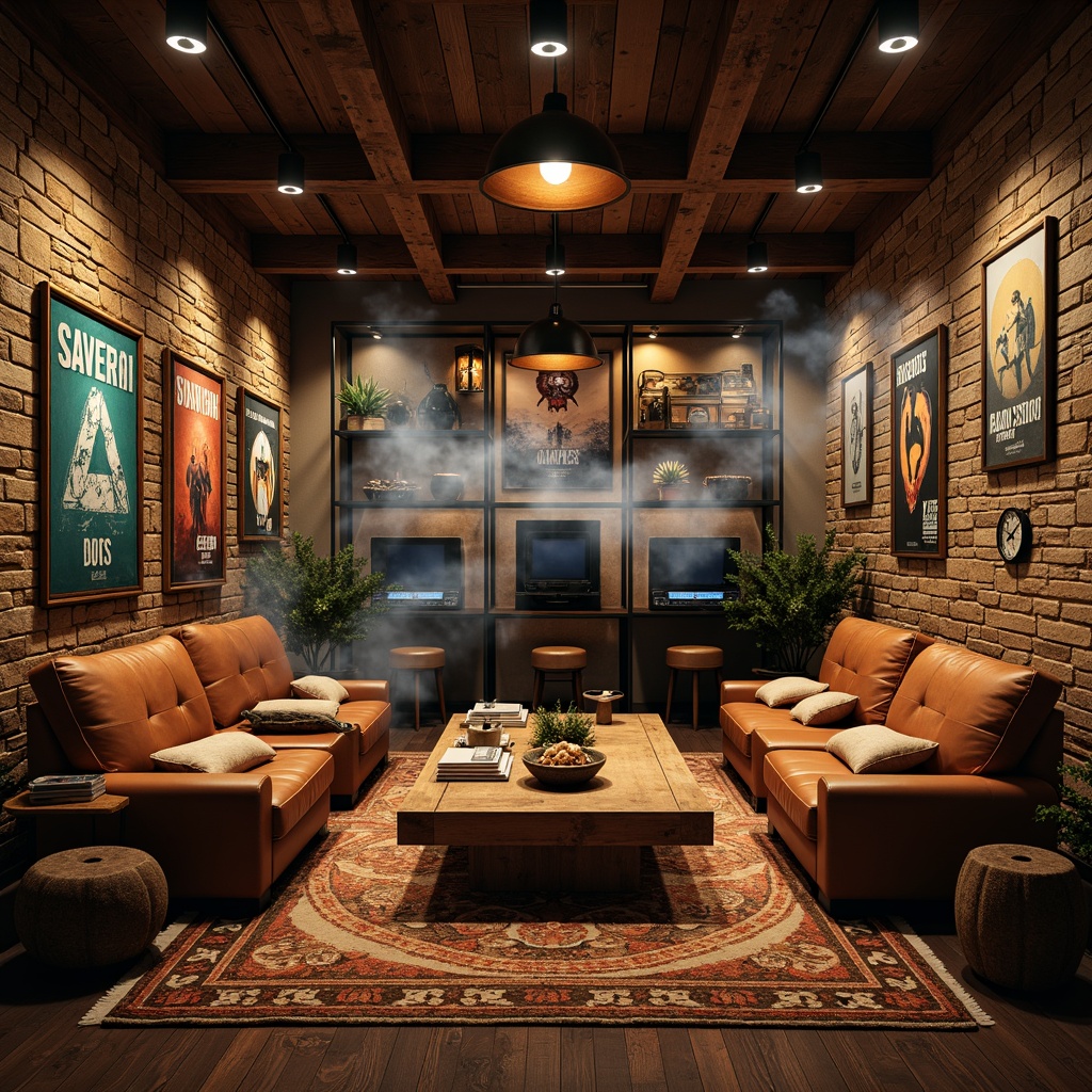 Prompt: Rustic game room, reclaimed wood accents, vintage gaming posters, comfortable sectional sofas, chunky wooden coffee tables, plush area rugs, warm pendant lighting, stone feature walls, natural textures, earthy color palette, cozy reading nooks, oversized pillows, industrial metal shelving, eclectic decorative accessories, rich leather upholstery, nostalgic arcade machines, retro console displays, atmospheric smoke effects, cinematic 3/4 composition, shallow depth of field, realistic wood grain textures.