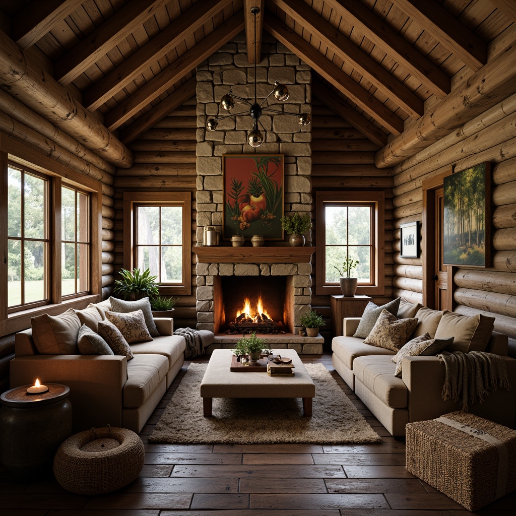 Prompt: Rustic wooden cabin, natural stone walls, earthy color palette, vintage metal lanterns, distressed wooden beams, worn brick floors, cozy fireplace, plush furnishings, nature-inspired artwork, woven textiles, organic shapes, warm candlelight, shallow depth of field, 1/1 composition, intimate atmosphere, soft focus, realistic textures.