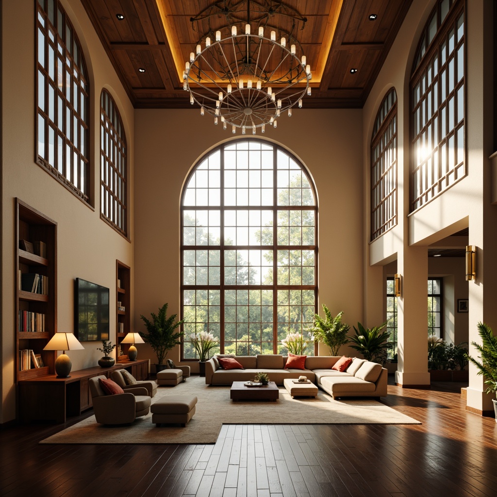 Prompt: Grand great room, high ceilings, large windows, natural light pouring in, warm beige walls, dark wood flooring, comfortable sofas, elegant chandeliers, soft warm lighting, floor lamps, table lamps, LED strip lights, cozy reading nooks, dramatic ceiling fixtures, subtle color temperature transitions, 1/1 composition, realistic textures, ambient occlusion.