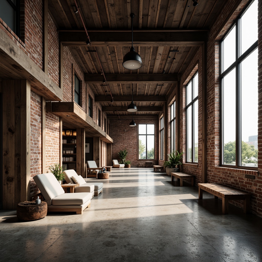 Prompt: Exposed brick walls, distressed concrete floors, industrial metal beams, rugged wooden accents, reclaimed lumber, minimalist decor, functional lighting fixtures, urban loft atmosphere, high ceilings, large windows, natural light pouring in, atmospheric shadows, cinematic contrast, dramatic perspectives, 1/1 composition, sharp focus, realistic textures, ambient occlusion.