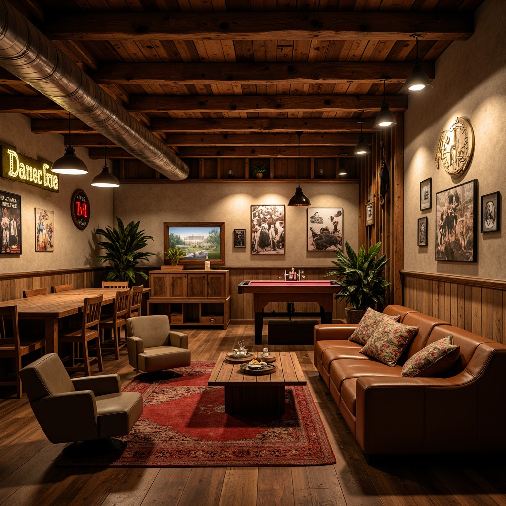 Prompt: Rustic game room, wooden accents, earthy tones, warm cozy lighting, pendant lamps, metal shades, vintage posters, distressed wood walls, comfortable sofas, neon signs, dimmable LED lights, table lamps, industrial-style fixtures, reclaimed wood decor, rich leather upholstery, warm beige colors, soft ambient glow, 1/1 composition, realistic textures, cinematic mood lighting.