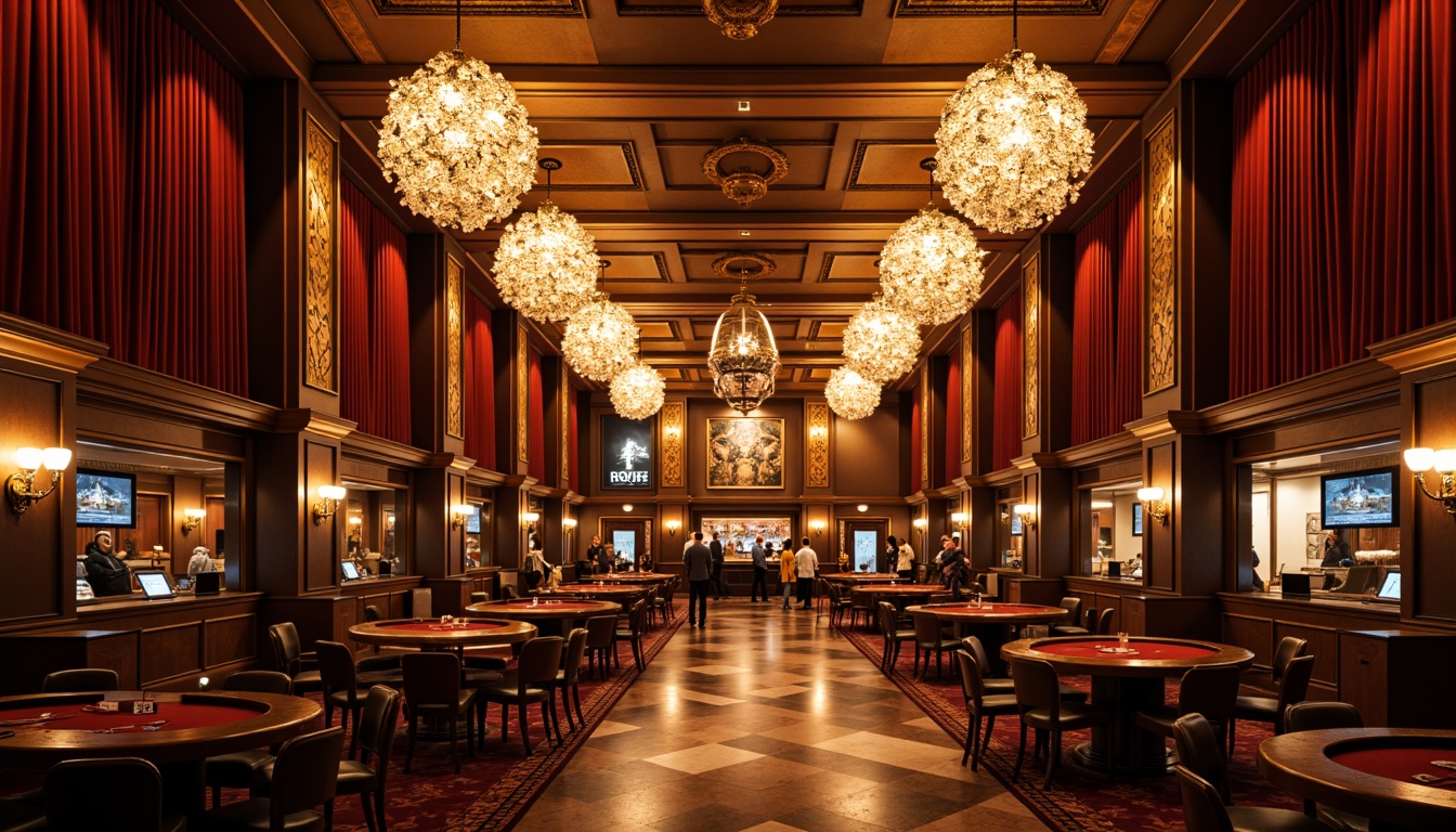 Prompt: Luxurious casino interior, rich velvet drapes, ornate golden accents, crystal chandeliers, warm ambient lighting, softbox lights, pin spotlights, dramatic high-contrast shadows, opulent marble floors, lavish furnishings, intricate molding details, warm color palette, cozy intimate atmosphere, 1/2 composition, shallow depth of field, warm glow effects, cinematic lighting, nostalgic classic feel.