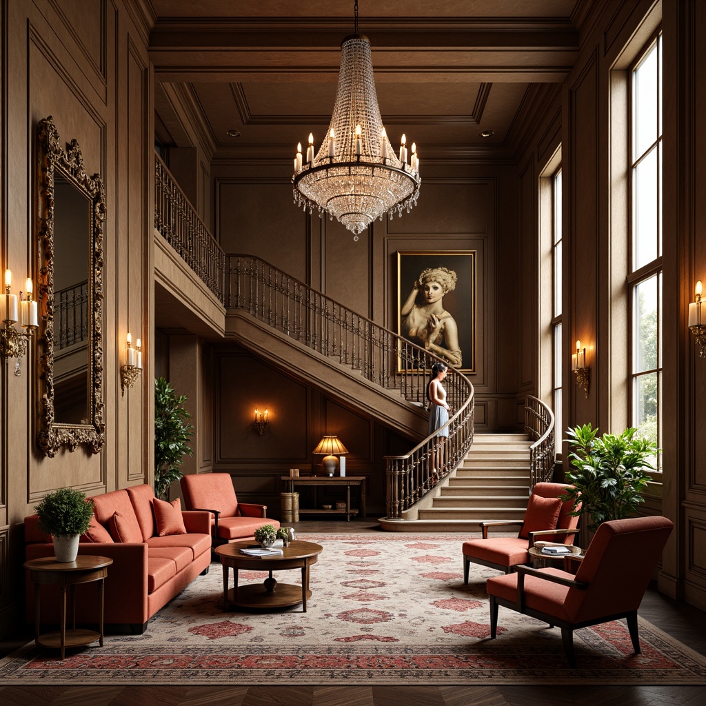 Prompt: Luxurious velvet fabrics, intricately carved wooden furnishings, opulent crystal chandeliers, lavish gold accents, richly patterned rugs, ornate mirrors, grand staircase, majestic high ceilings, sophisticated neutral color palette, warm soft lighting, shallow depth of field, 1/1 composition, realistic textures, ambient occlusion.