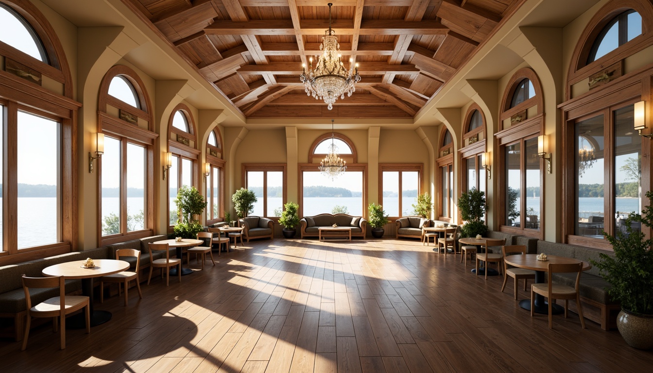 Prompt: Elegant boathouse, neoclassical architecture, vaulted ceiling, ornate moldings, crystal chandeliers, warm beige tones, polished wood accents, nautical decor, porthole windows, wooden beams, rustic charm, lakefront views, serene atmosphere, soft natural light, 1/2 composition, subtle texture blending, realistic reflections.Let me know if you need any adjustments!