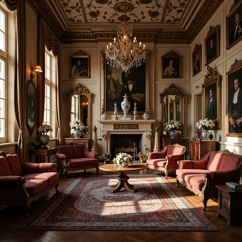 Prompt: Ornate Rococo-style interior, lavish furnishings, intricately carved wooden chairs, velvet-upholstered sofas, gilded mirrors, crystal chandeliers, delicate porcelain vases, ornamental clockwork, intricate patterned rugs, golden accents, soft warm lighting, shallow depth of field, 1/1 composition, realistic textures, ambient occlusion.