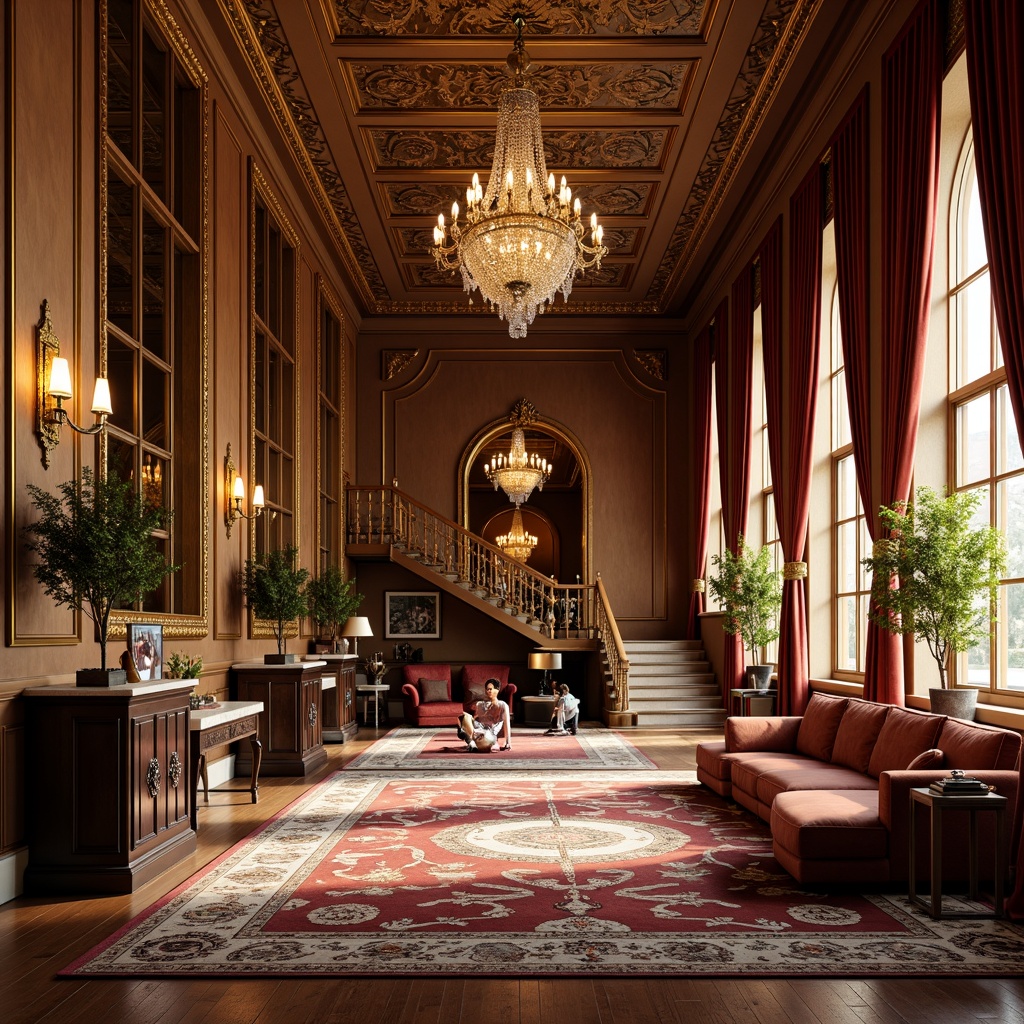 Prompt: Opulent interior space, luxurious furniture, intricate patterned rugs, ornate mirrors, lavish chandeliers, gilded frames, velvet drapes, marble countertops, carved wooden accents, metallic embellishments, bejeweled lighting fixtures, grand staircases, sweeping archways, lavish textiles, rich wood tones, warm golden lighting, shallow depth of field, 1/1 composition, realistic reflections, ambient occlusion.