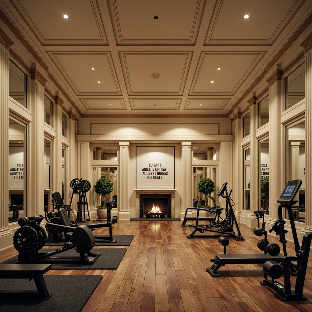 Prompt: \Elegant home gym, neoclassical columns, ornate moldings, cream-colored walls, rich wood paneling, athletic equipment, free weights, exercise machines, mirrored surfaces, motivational quotes, rustic wooden floors, soft warm lighting, subtle shadows, shallow depth of field, 2/3 composition, symmetrical framing, realistic textures, ambient occlusion.\Let me know if this meets your requirements!