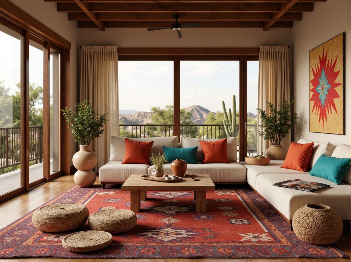 Prompt: Vibrant southwestern living room, bold colorful textiles, geometric patterns, Navajo-inspired rugs, plush throw pillows, natural linen upholstery, woven baskets, rustic wooden furniture, earthy terracotta vases, cactus plants, warm sandy tones, turquoise accents, desert landscape views, large windows, sliding glass doors, soft warm lighting, shallow depth of field, 3/4 composition, realistic textures, ambient occlusion.