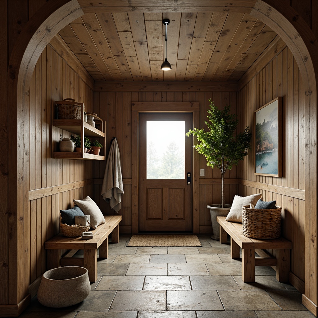 Prompt: Rustic mudroom, natural stone flooring, earthy tones, wooden accents, rugged textures, industrial-style metal decor, reclaimed wood benches, woven baskets, vintage outdoor gear, distressed finishes, warm soft lighting, shallow depth of field, 1/1 composition, realistic textures, ambient occlusion.