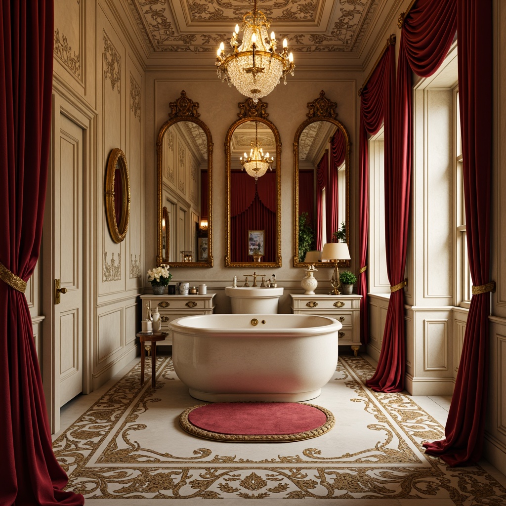 Prompt: Richly ornate powder room, lavish gold accents, soft creamy whites, warm beige tones, deep crimson reds, luxurious velvety textures, intricate patterns, ornate mirrors, crystal chandeliers, delicate porcelain vases, Rococo-inspired furnishings, lavish drapery, subtle sheen, dramatic lighting, warm candlelight, intimate atmosphere, 1/2 composition, shallow depth of field, realistic reflections.