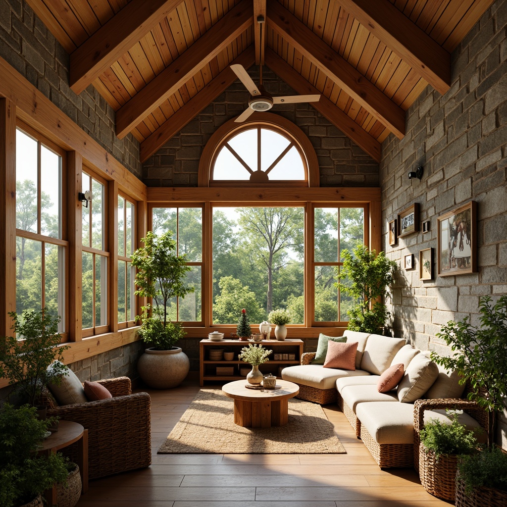 Prompt: Cozy sunroom, wooden beams, textured stone walls, natural wood floors, earthy tones, warm lighting, plush furniture, woven baskets, vintage decorative items, lush greenery, blooming flowers, wooden window frames, divided light windows, rustic metal hardware, Craftsman-style trusses, wooden ceiling fans, soft warm colors, natural fabrics, organic shapes, 1/1 composition, realistic textures, ambient occlusion.