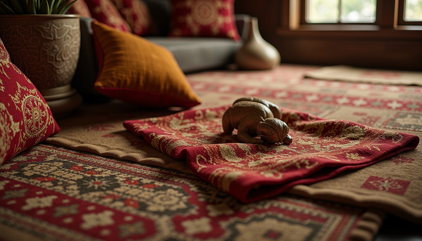 Prompt: Richly patterned upholstery, vibrant colored fabrics, soft velvety textures, intricately embroidered details, luxurious silk materials, natural woven fibers, earthy tone palettes, cozy plush carpets, geometrically designed rugs, metallic accents, subtle sheen finishes, warm ambient lighting, shallow depth of field, 1/1 composition, realistic rendering, atmospheric perspective.