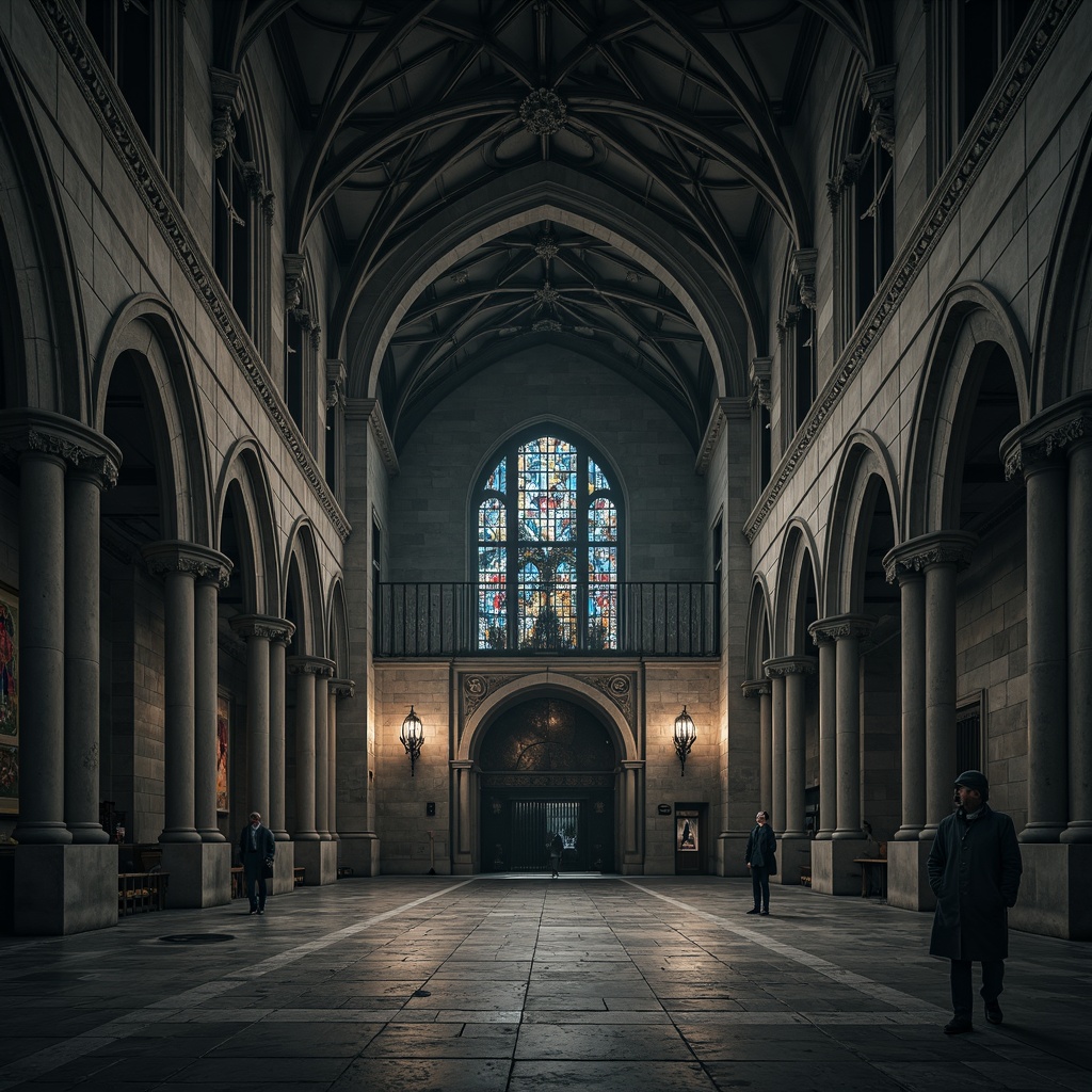 Prompt: Grandiose archways, pointed ribbed vaults, intricate stone carvings, majestic entrance doors, ornate ironwork, mystical stained glass windows, dramatic lighting, solemn ambiance, imposing stone walls, ancient mysterious atmosphere, overcast skies, misty fog, cinematic composition, symmetrical framing, rich textures, ambient occlusion.