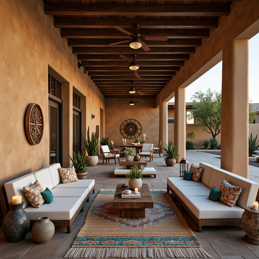 Prompt: Earthy tones, adobe architecture, rustic wooden beams, natural stone walls, vibrant turquoise accents, woven textiles, patterned rugs, desert flora arrangements, cactus centerpieces, warm candlelight, soft ambient glow, large windows, sliding glass doors, outdoor seating areas, shaded patio spaces, native American-inspired patterns, hand-painted ceramics, earthy color palette, organic shapes, natural materials, cozy intimate atmosphere, warm beige colors, rustic metal decor.