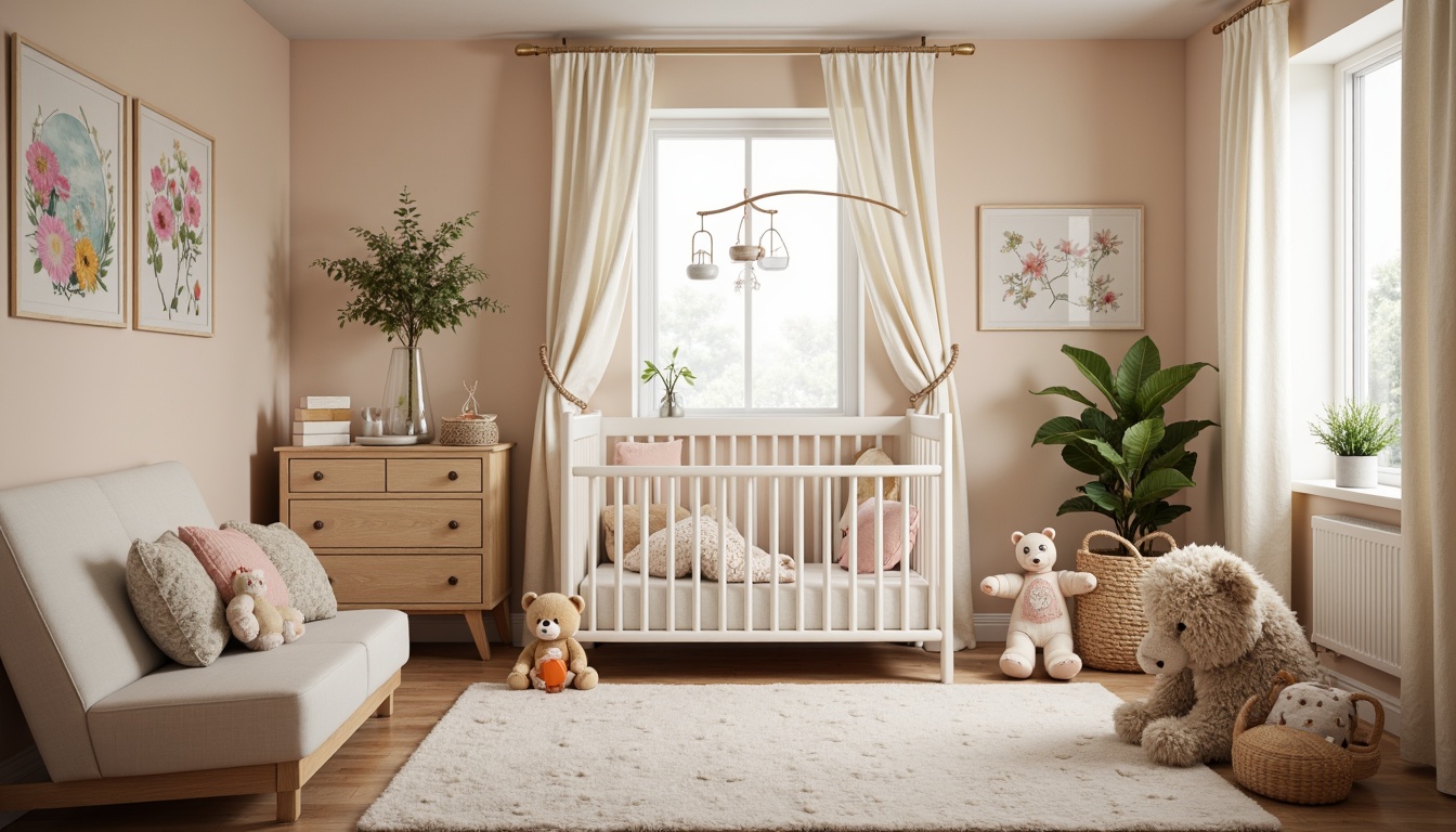 Prompt: Whimsical nursery, soft pastel colors, delicate florals, plush area rug, crib with intricate carvings, gently swaying mobiles, warm white lighting, natural wood accents, woven basket storage, vintage-inspired wall art, creamy curtains, gentle fabric draping, cozy reading nook, oversized stuffed animals, subtle texture mixing, shallow depth of field, 1/1 composition, warm color palette, soft focus, delicate patterns.