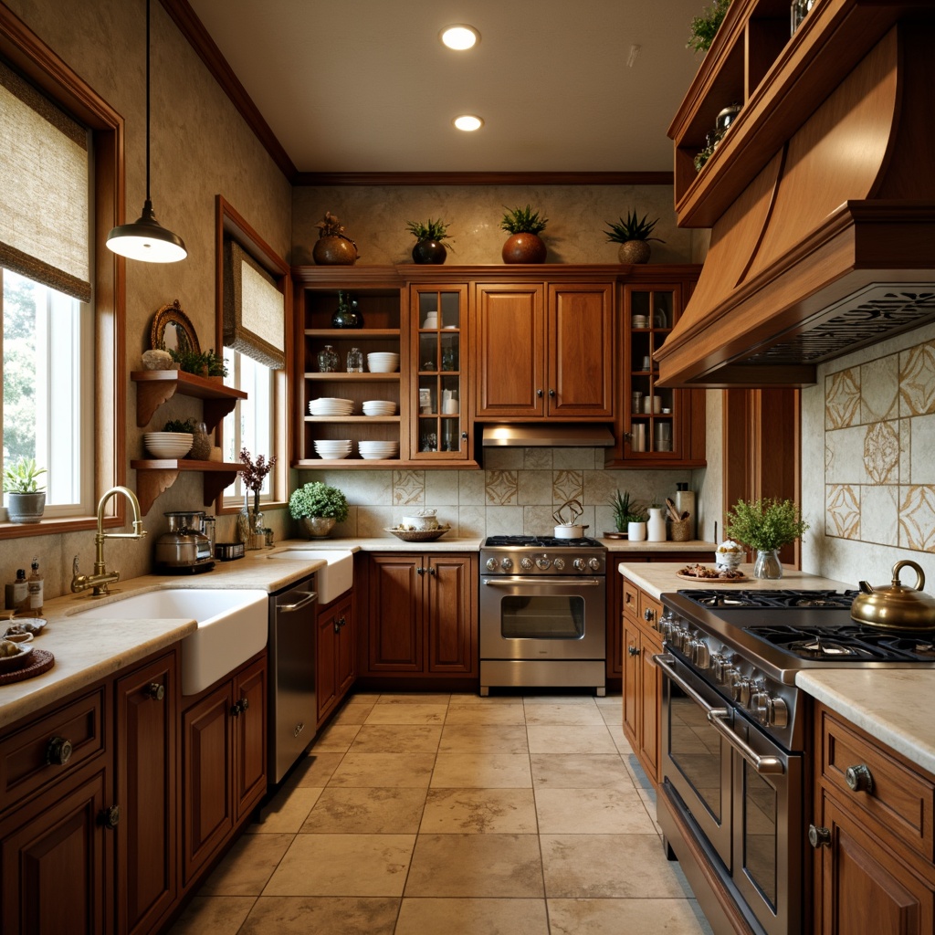 Prompt: Vintage-inspired kitchen, ornate cabinetry, rich wood tones, distressed finishes, classic appliances, retro-style refrigerators, rounded-edge stoves, decorative range hoods, antique brass hardware, soft warm lighting, natural stone countertops, porcelain sink basins, ornamental faucets, elegant pendant lights, warm beige walls, traditional architectural details, 1/1 composition, shallow depth of field, realistic textures.