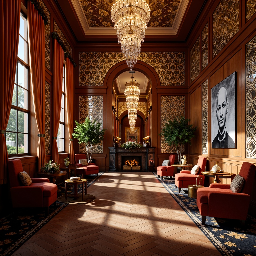 Prompt: Luxurious Art Deco interior, ornate wall panels, metallic accents, geometric patterns, chevron designs, herringbone motifs, bold color schemes, glossy finishes, mirrored surfaces, beveled edges, metallic leafing, opulent fabrics, velvet drapes, crystal chandeliers, dramatic lighting, low-angle shots, cinematic composition, high-contrast ratios.