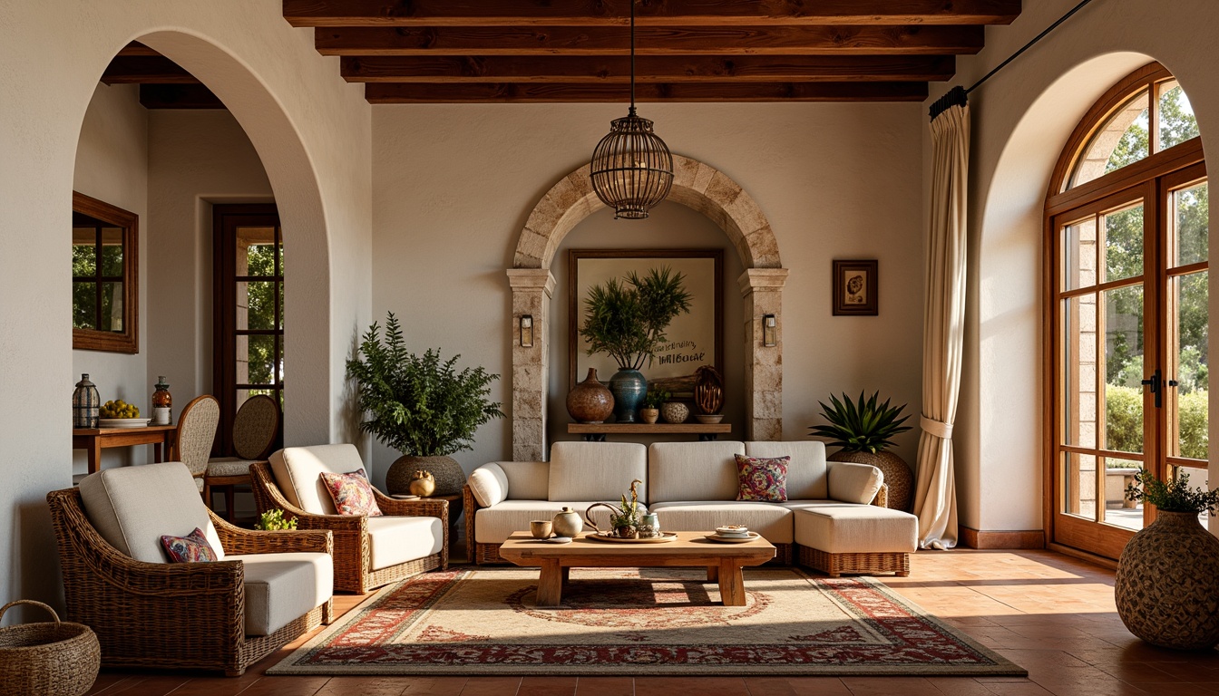 Prompt: Vibrant Mediterranean villa, ornate stone carvings, rustic wooden doors, colorful ceramics, woven wicker furniture, plush throw pillows, intricate geometric patterns, rich velvet drapes, distressed leather upholstery, natural linen fabrics, embroidered silk accents, warm terracotta flooring, soft golden lighting, shallow depth of field, 1/1 composition, realistic textures, ambient occlusion.