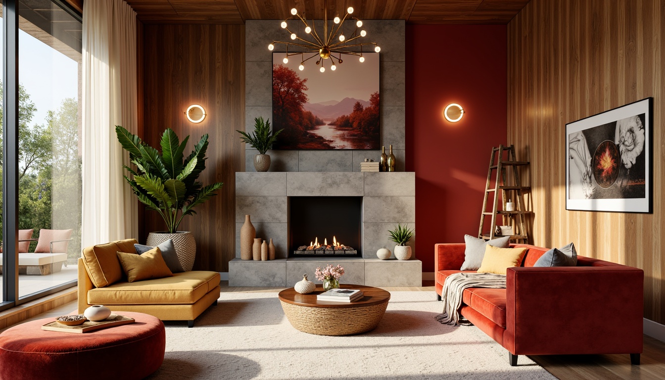 Prompt: Vibrant living room, bold accent walls, rich walnut wood furniture, plush velvet sofas, metallic gold lighting fixtures, soft cream carpets, natural stone fireplaces, large windows, abundant sunlight, warm cozy atmosphere, 3/4 composition, shallow depth of field, realistic textures, ambient occlusion.