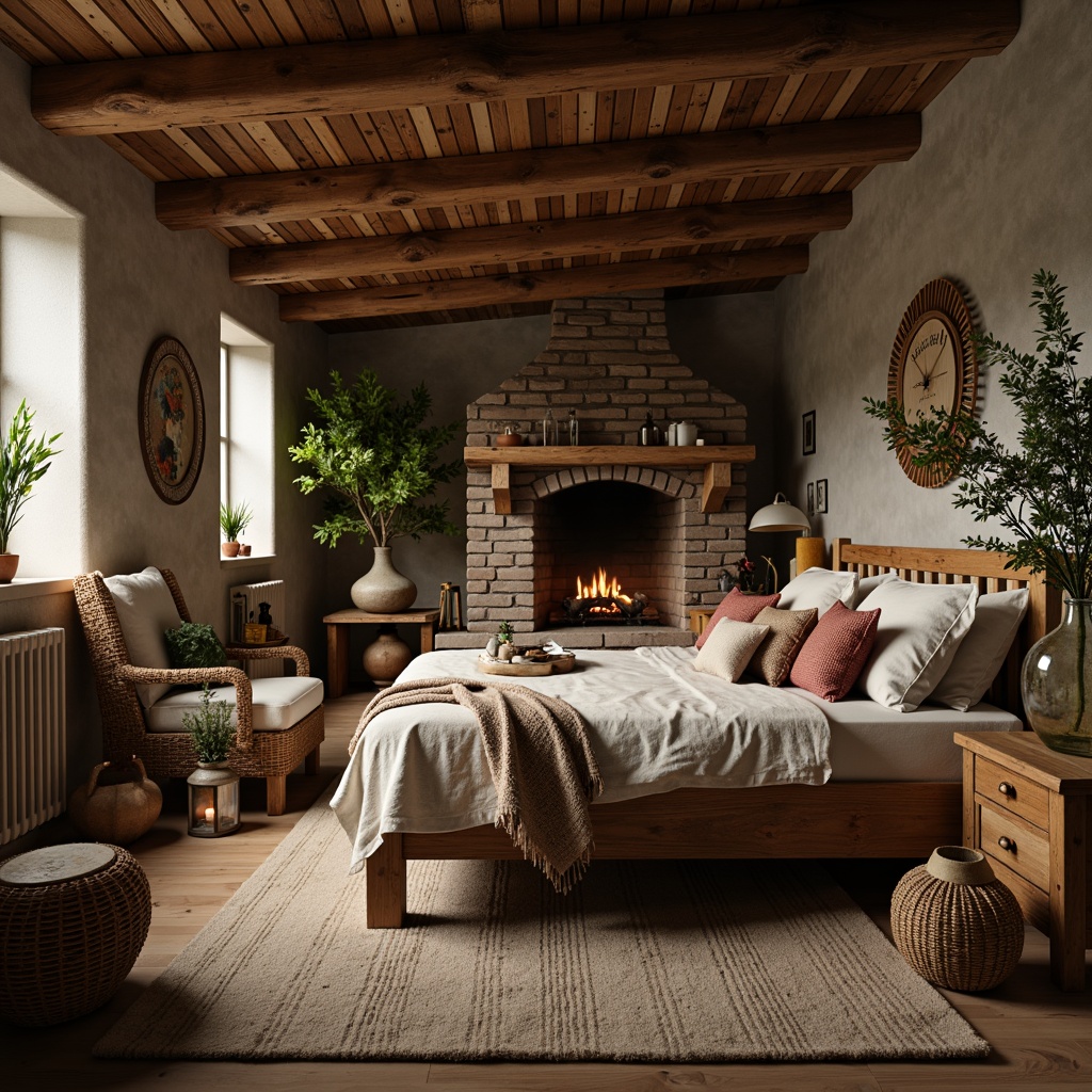 Prompt: Rustic bedroom, wooden furniture, natural textures, earthy tones, vintage decor, distressed wood accents, woven baskets, potted plants, candles, lanterns, stone walls, brick fireplace, cozy throw blankets, plush area rugs, warm lighting, shallow depth of field, 3/4 composition, intimate atmosphere, soft focus, realistic rendering.