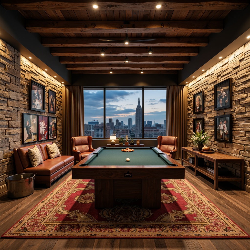 Prompt: Rustic game room, reclaimed wood accent walls, earthy tone color palette, natural stone feature walls, wooden beam ceilings, vintage sports equipment decorations, industrial metal shelving units, warm ambient lighting, cozy plush furniture, rich leather upholstery, distressed wood flooring, bold geometric patterns, eclectic decorative accessories, nostalgic memorabilia displays, dramatic floor-to-ceiling drapery, panoramic cityscape views, cinematic lighting effects.