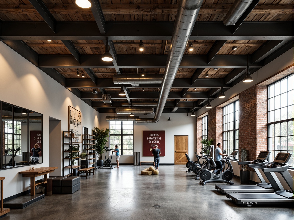 Prompt: Exposed ductwork, metal beams, reclaimed wood accents, industrial-style lighting fixtures, metal Shades, Edison bulbs, concrete floors, brick walls, minimalist decor, functional equipment, free weights, treadmills, exercise bikes, mirrored walls, motivational quotes, high ceilings, large windows, natural light, softbox lighting, 3/4 composition, shallow depth of field, realistic textures.