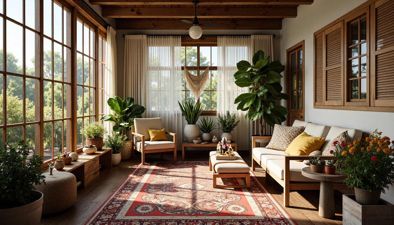 Prompt: Vibrant eclectic sunroom, mixed patterned rugs, distressed wood furniture, vintage decor accents, lush greenery, colorful floral arrangements, natural woven textiles, macrame wall hangings, rustic wooden shutters, sheer flowing drapes, layered window treatments, bohemian-inspired accessories, warm earthy tones, soft diffused lighting, shallow depth of field, 1/1 composition, realistic textures.