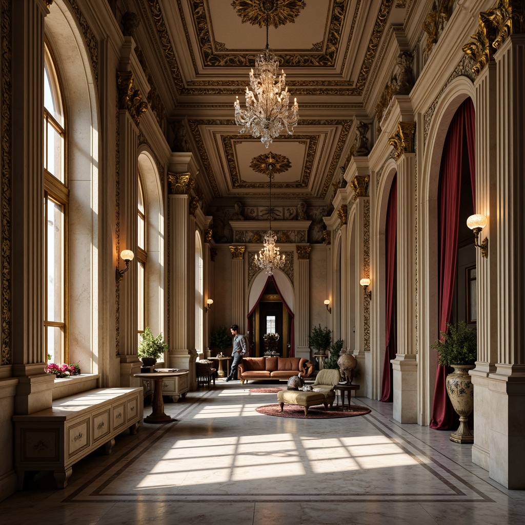 Prompt: Ornate columns, intricately carved details, grandiose archways, symmetrical facades, marble floors, crystal chandeliers, gilded frames, lavish furnishings, velvet drapes, ornamental vases, classical statues, subtle color palette, soft warm lighting, shallow depth of field, 2/3 composition, realistic textures, ambient occlusion.