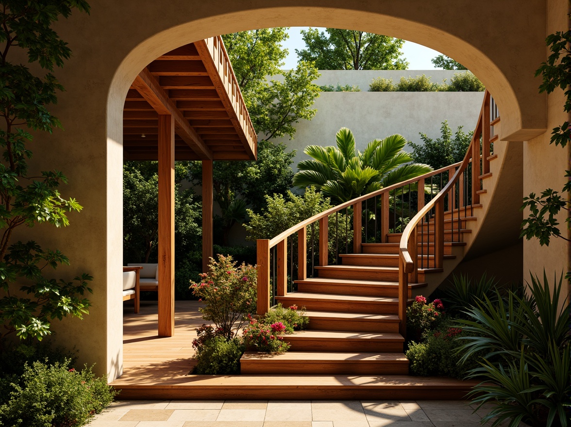 Prompt: Tropical staircase, ornate balustrades, curved handrails, exotic hardwoods, polished metal newels, lush greenery, vibrant flowers, natural stone walls, elegant archways, warm golden lighting, shallow depth of field, 3/4 composition, realistic textures, ambient occlusion.