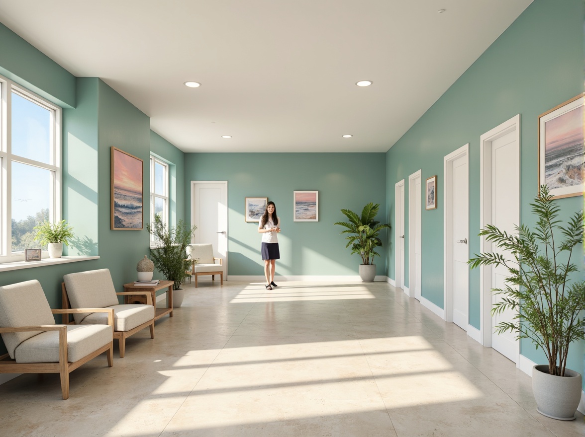 Prompt: Calming coastal hospital interiors, soft blue-green walls, creamy white trim, warm beige floors, natural wood accents, ocean-inspired artwork, soothing coral pink hues, pale sandy neutrals, sea-glass turquoise, driftwood grey, gentle wave patterns, organic textures, minimalist decor, abundant natural light, bright white ceilings, subtle nautical nods, calming atmosphere, serene ambiance, soft focus photography, shallow depth of field, 1/1 composition, realistic renderings.