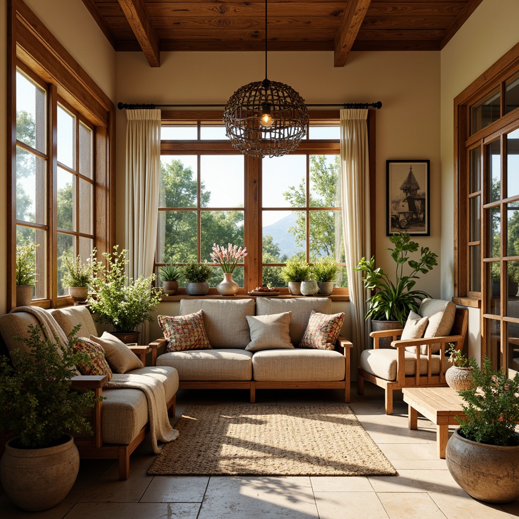 Prompt: Cozy sunroom, earthy tone palette, warm beige walls, rich wood accents, natural stone floors, plush furnishings, vintage decorative items, lush greenery, blooming flowers, warm sunny day, soft diffused lighting, shallow depth of field, 3/4 composition, realistic textures, ambient occlusion, rustic metal fixtures, earthy ceramics, woven textiles, organic patterns.