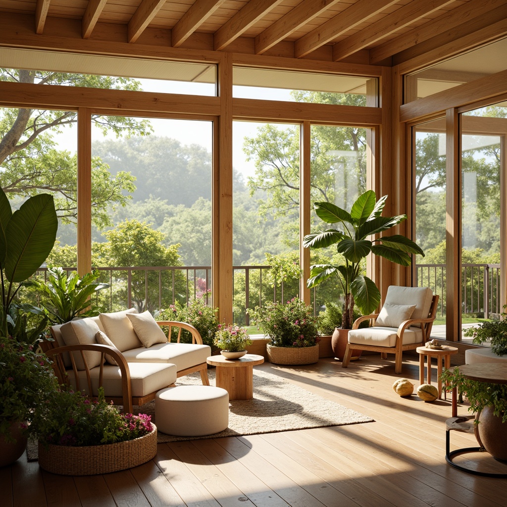 Prompt: Vibrant sunroom, bright natural light, warm beige walls, lush greenery, blooming flowers, comfortable seating areas, wooden accents, earthy tones, soft pastel hues, calming ambiance, serene atmosphere, large windows, sliding glass doors, panoramic views, morning sunlight, warm golden lighting, shallow depth of field, 1/1 composition, realistic textures.