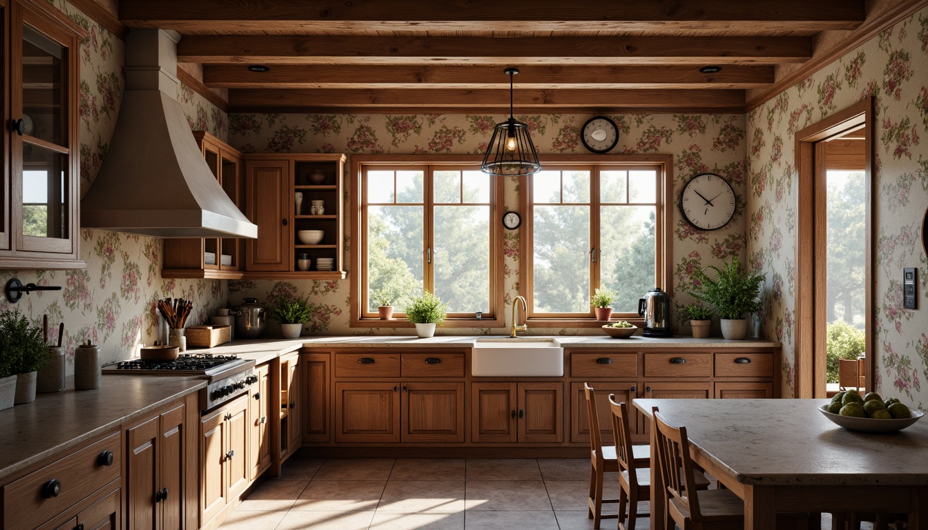 Prompt: Rustic kitchen, wooden cabinetry, earthy tones, vintage hardware, classic appliances, bronze fixtures, natural stone countertops, distressed finishes, warm pendant lighting, traditional window styles, floral patterns, ornate details, soft color palette, subtle textures, harmonious balance, 1/1 composition, realistic renderings.