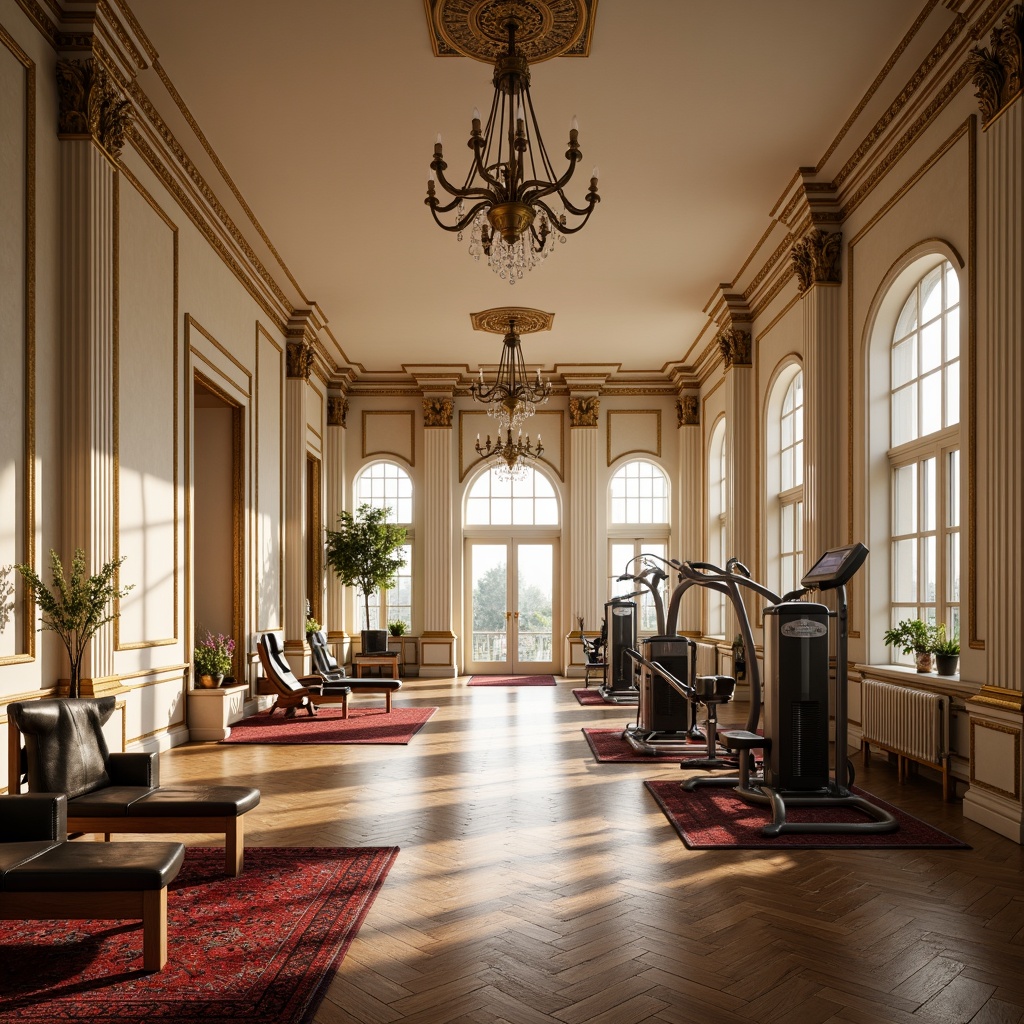 Prompt: Elegant home gym, neoclassical architectural style, grandiose columns, ornate moldings, rich wood flooring, cream-colored walls, majestic chandeliers, floor-to-ceiling windows, natural light pouring in, state-of-the-art exercise equipment, sleek metal frames, vibrant red accents, premium leather upholstery, intricate patterned rugs, luxurious ambiance, warm golden lighting, shallow depth of field, 1/1 composition, realistic textures, ambient occlusion.