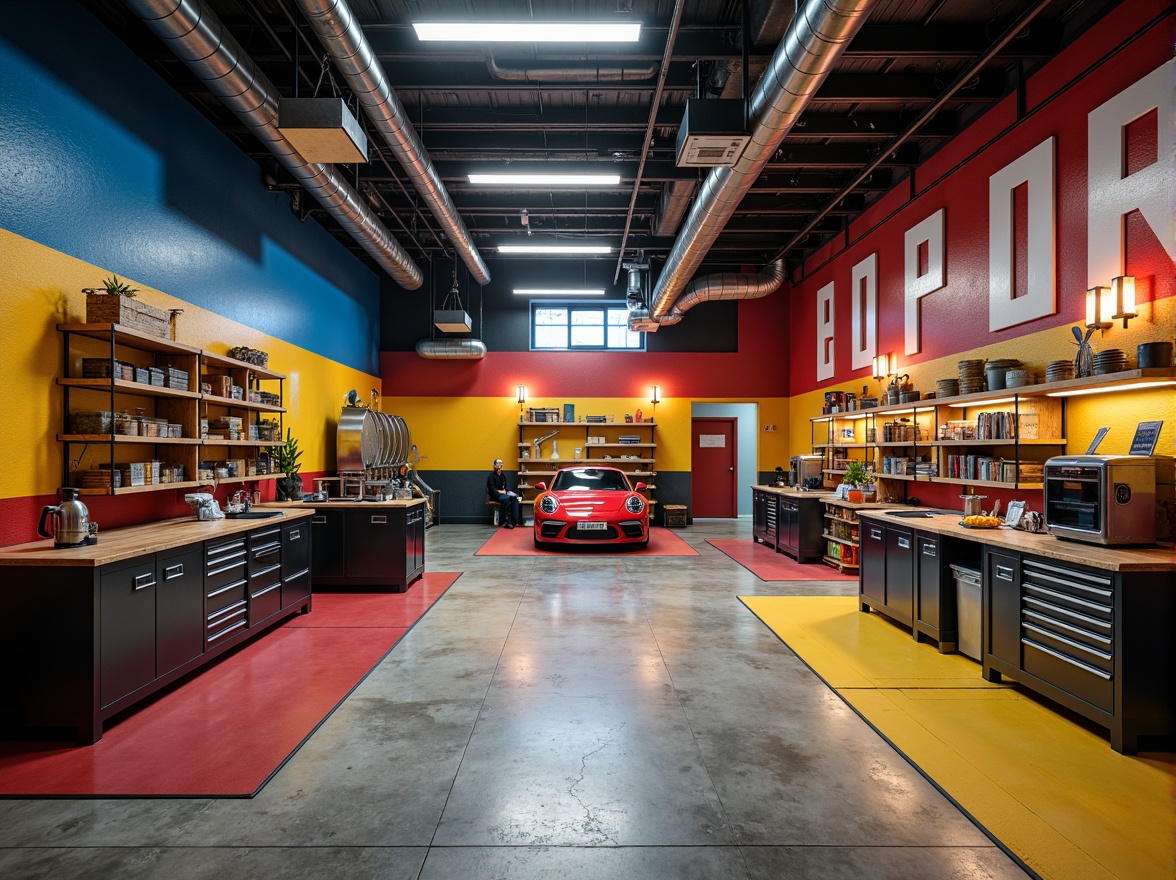 Prompt: Industrial garage interior, bold primary colors, metallic accents, concrete flooring, exposed ductwork, sleek modern lighting, high ceilings, urban atmosphere, functional decor, tool stations, epoxy resin coating, industrial-style shelving, distressed wood textures, warm task lighting, 3/4 composition, shallow depth of field.