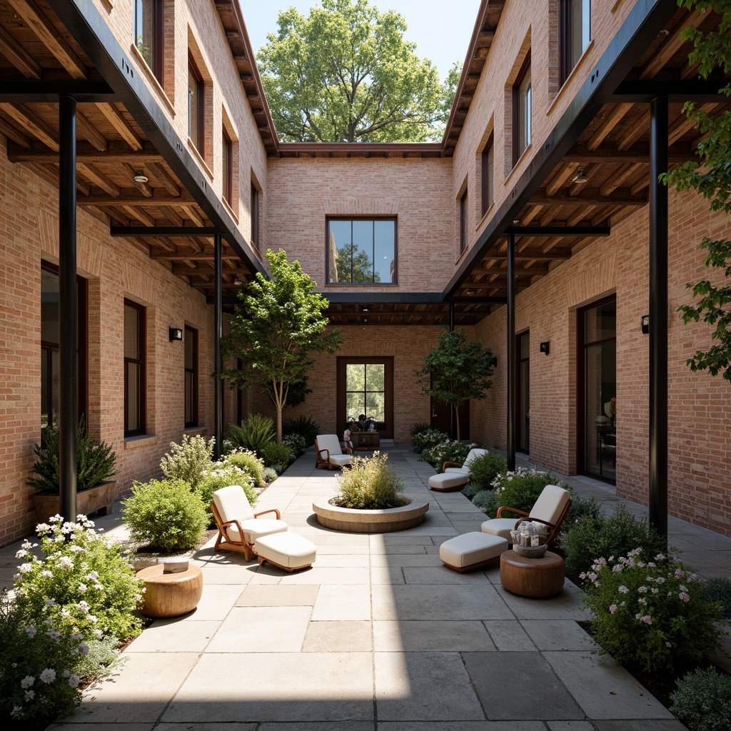 Prompt: Serene monastery courtyard, exposed brick walls, rustic stone floors, industrial metal beams, reclaimed wood accents, natural light pouring in, minimalist decor, cozy reading nooks, comfortable seating areas, lush greenery, vibrant flowers, peaceful water features, soft warm lighting, shallow depth of field, 3/4 composition, panoramic view, realistic textures, ambient occlusion.