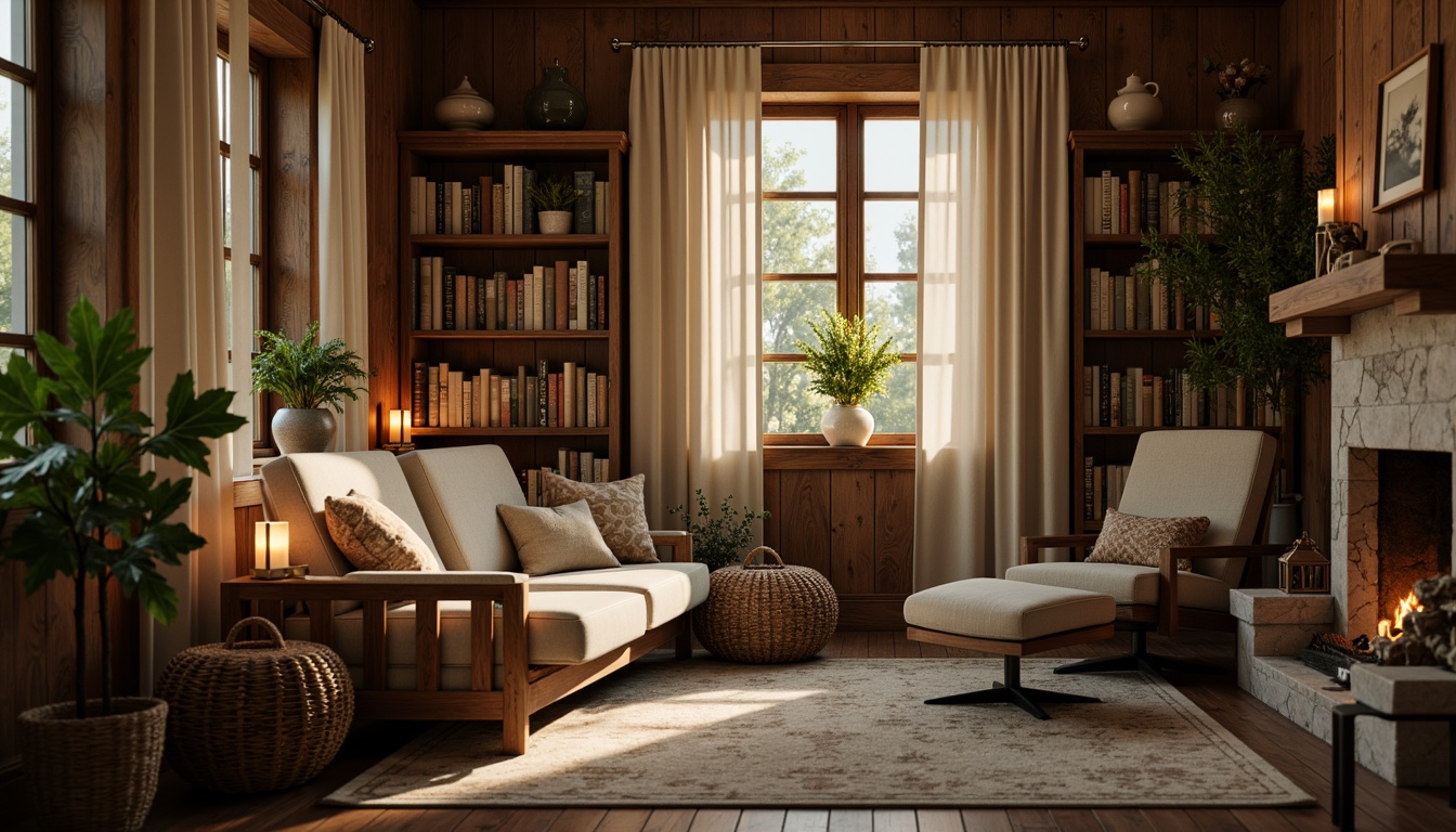 Prompt: Cozy nook, warm candlelight, soft plush cushions, natural wood accents, woven baskets, comfortable reading chair, vintage book collections, earthy tone color palette, soothing sage greens, calming beige hues, rich walnut woods, soft cream whites, warm golden lighting, 3/4 composition, shallow depth of field, realistic textures, ambient occlusion.