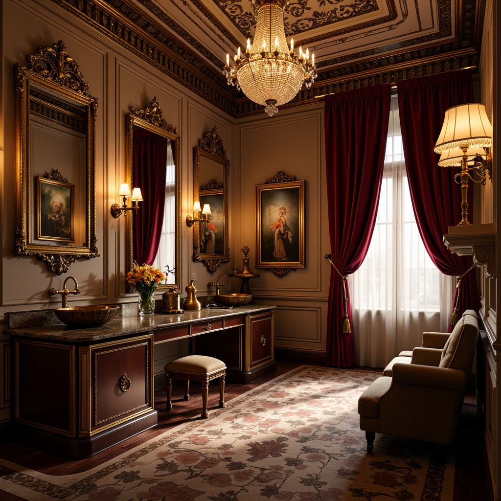 Prompt: Opulent powder room, ornate mirrors, crystal chandeliers, golden sconces, candelabras, luxurious fabrics, velvet drapes, intricate molding, soft warm glow, dramatic shadows, high contrast lighting, ornate fixtures, gilded details, lavish decorations, Renaissance-inspired architecture, grandiose scale, elaborate patterns, rich textures, warm color palette, intimate ambiance, subtle sparkle.