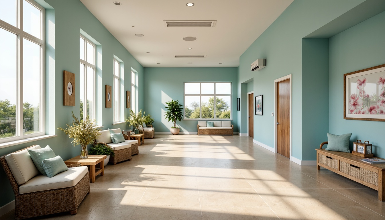 Prompt: Soothing coastal hospital interior, calming ocean blue walls, crisp white trim, warm beige floors, natural wood accents, soft sandy neutrals, refreshing mint green highlights, calming seafoam blues, gentle coral pinks, subtle shell whites, ocean-inspired patterns, woven textiles, driftwood furniture, reclaimed wood decor, large windows, abundant natural light, airy open spaces, minimalist design, comfortable waiting areas, serene atmosphere, warm lighting, shallow depth of field, 3/4 composition.