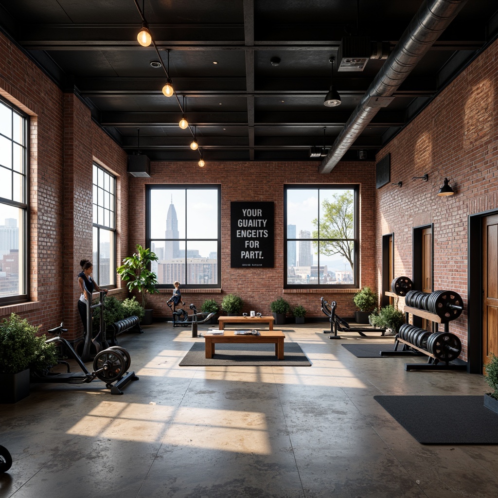 Prompt: Exposed brick walls, industrial metal beams, polished concrete floors, modern gym equipment, free weights, exercise machines, motivational quotes, reclaimed wood accents, Edison bulb lighting, metal shades, high ceilings, large windows, natural daylight, urban cityscape views, contrasty shadows, dramatic spotlights, 1/1 composition, symmetrical framing, bold color palette, metallic textures, realistic reflections.