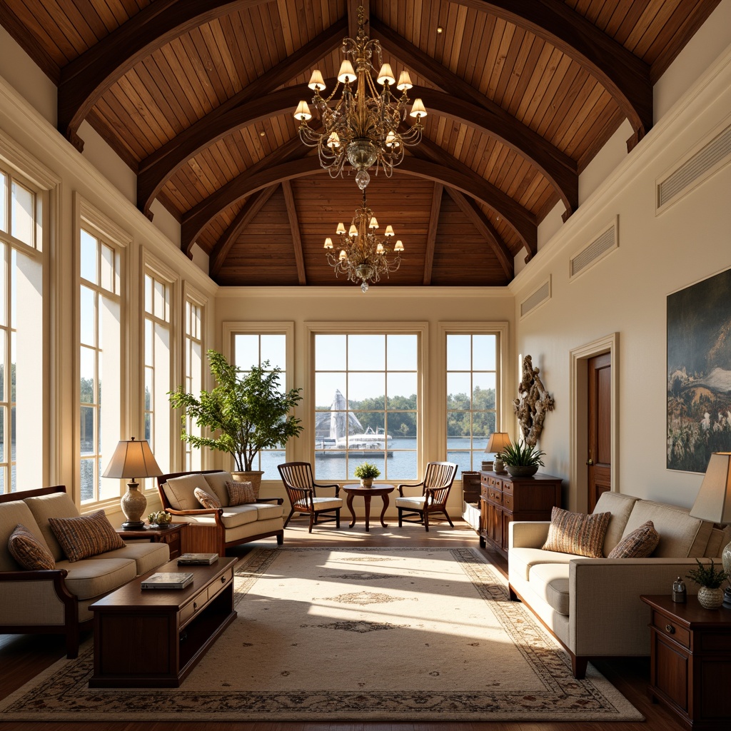 Prompt: Elegant boathouse, neoclassical style, vaulted ceiling, wooden beams, cream-colored walls, ornate chandeliers, luxurious furnishings, plush carpets, refined wood accents, subtle nautical theme, classic proportions, symmetrical composition, soft warm lighting, shallow depth of field, 1/1 composition, realistic textures, ambient occlusion.